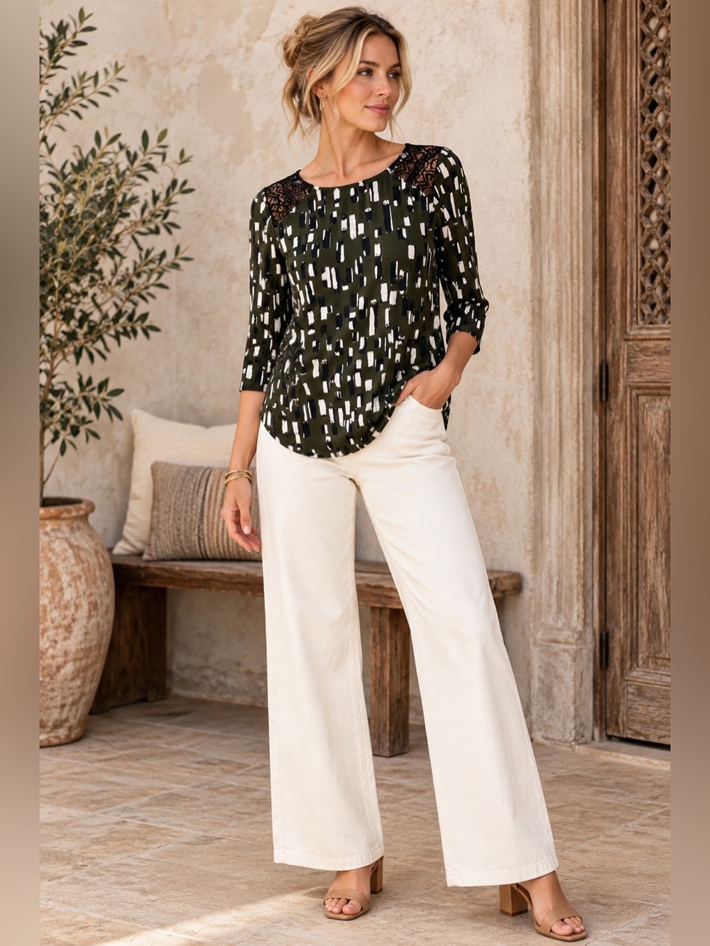 NWT Anthropologie Weston Almuda Green with black lace top Size L
